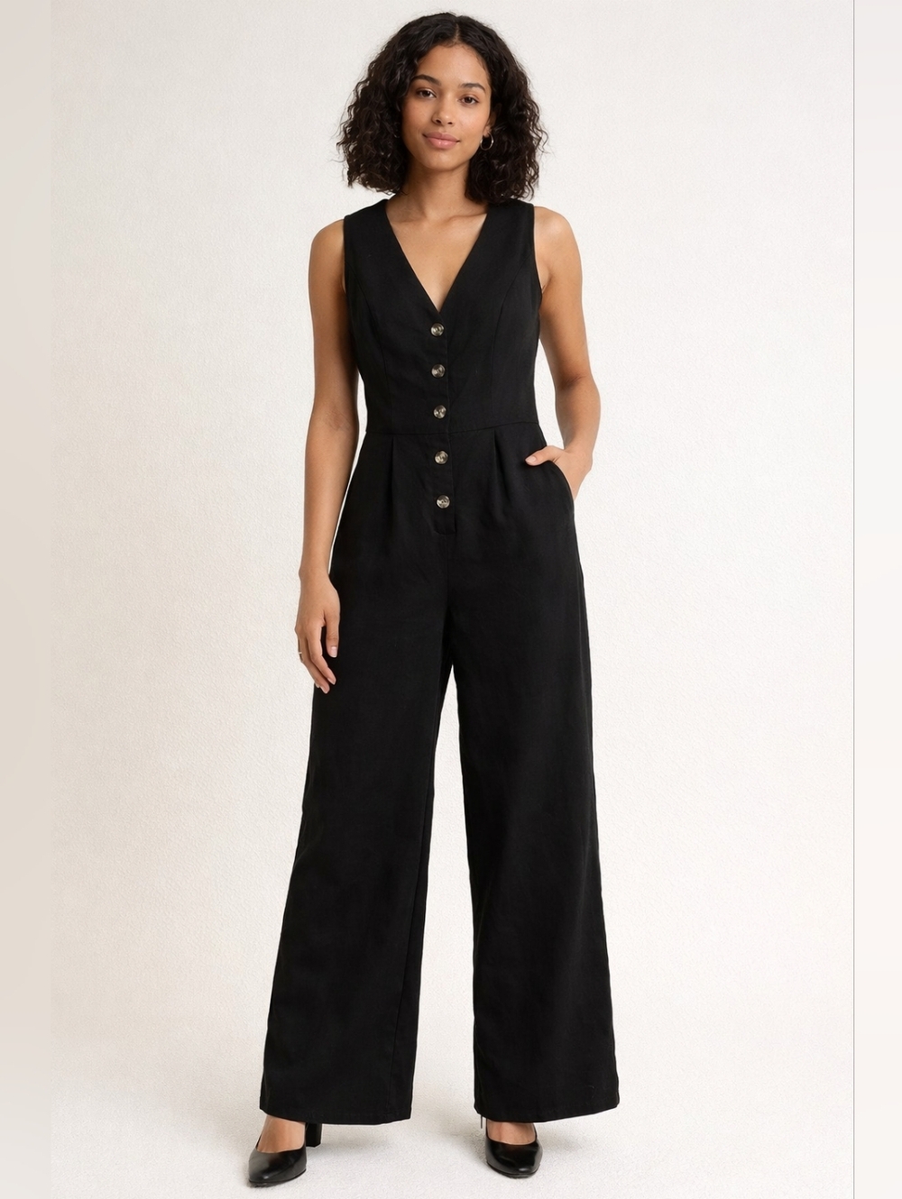 Black Sleeveless Button-Front Jumpsuit